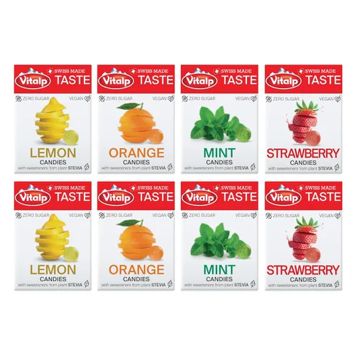 Miniatura 12 de Vitalp Taste, hecho en Suiza, caramelo duro sin azúcar con Stevia, vegano, sabor a caramelo cremoso, paquetes de 25g/0.88 onzas, 16 cajas