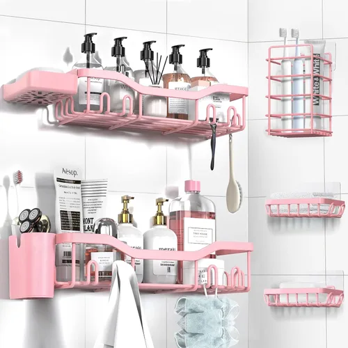 Miniatura 29 de NESOMI Organizador de Ducha Adhesivo Juego de 7 Piezas, Estantes de Baño de Acero Inoxidable a Prueba de Óxido, Accesorios de Almacenamiento sin