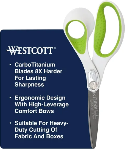 Miniatura 2 de Westcott Tijeras rectas resistentes de 8 pulgadas con unión de carbotitanio, tijeras de tela duradera para tareas de corte resistentes, perfectas