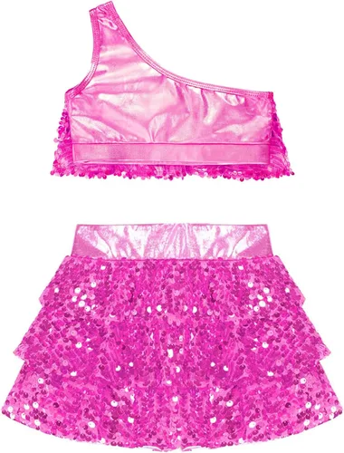 Miniatura 96 de JEATHA Top corto con borlas y lentejuelas brillantes para niñas, con minifalda, jazz latino, salsa, samba, rumba, baile