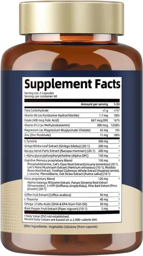 Miniatura 9 de Totaria Suplementos cerebrales para memoria y enfoque, salud cerebral con L-tirosina, Alpha GPC, Ginkgo Biloba, Bacopa Monnieri, apoyo cognitivo