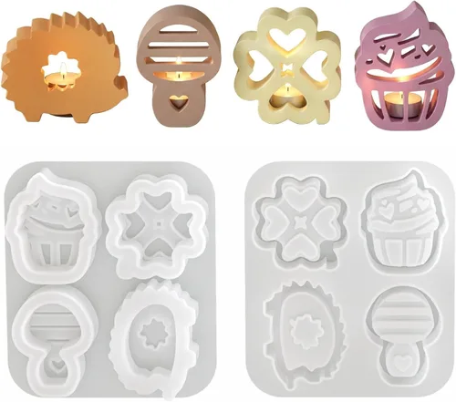 Juego de moldes de silicona huecos 4 en 1 para velas y resina de bricolaje, erizo, hongo, pastel, trébol, molde de 4 cavidades para velas, yeso,