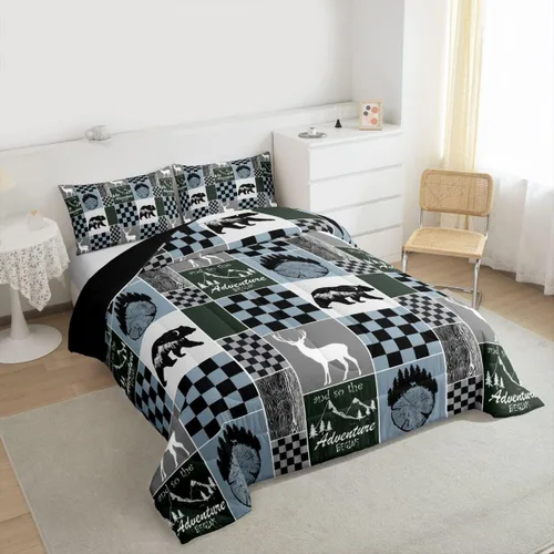 Miniatura 154 de Juego de edredón de oso y ciervo, tamaño individual, ropa de cama de animales salvajes de caza, colcha rústica de cabaña, casa de campo, cuadros