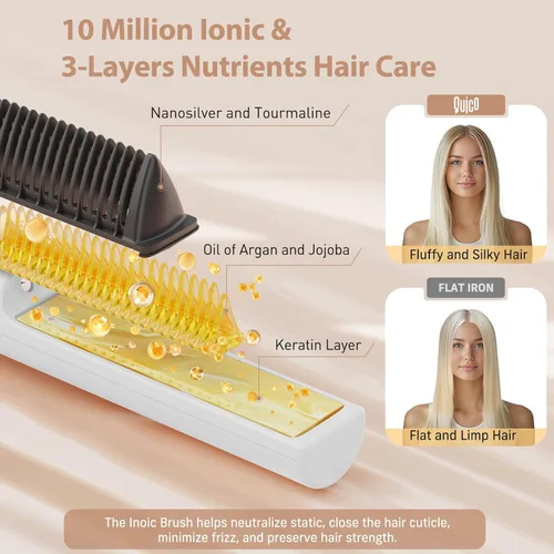 Miniatura 3 de Quico Hair Straightener Brush, 100-240V Ionic Travel Straightener Brush for Women, Ceramic Dual Voltage Hair Straightener Comb, Electric Hot Comb