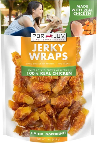 Pur Luv - Golosinas para perros envueltas en batata dulce, sin piel cruda, hechas con pollo real, 16 Oz, saludables, fácilmente digeribles,