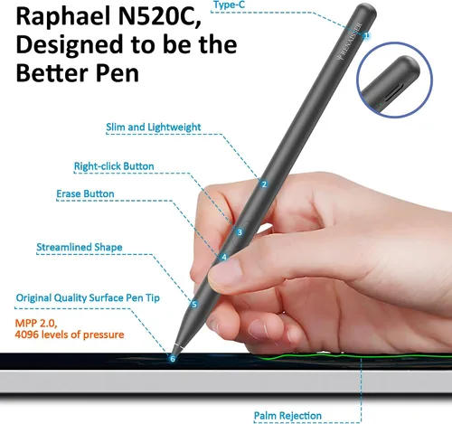 Miniatura 2 de RENAISSER Raphael N520C - Bolígrafo de superficie MPP 2.0 Stylus for Surface Pro/Go/Book/Studio, 4096 Pressure, Tilt Sensitivity, Ultra-light
