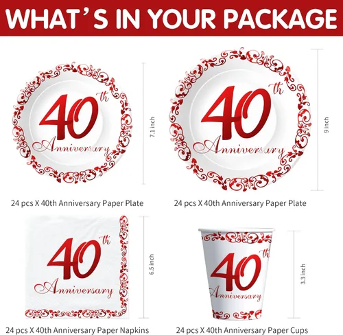 Miniatura 2 de APOWBLS Vajilla para decoración del 40 aniversario, suministros de fiesta de aniversario de boda de rubí, platos de papel, vasos, servilletas