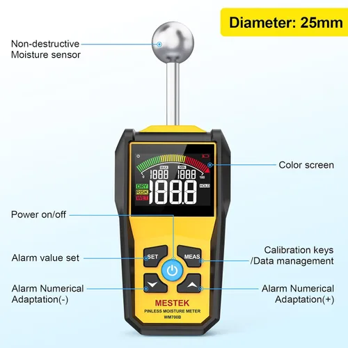 Miniatura 7 de MESTEK Medidor de humedad de madera para detección de humedad no destructiva en paneles de yeso, madera y mampostería, probador de humedad
