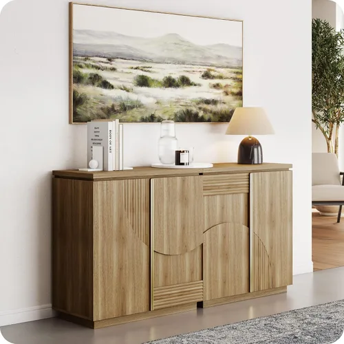 Miniatura 12 de BELLEZE - Gabinete de aparador de 31 pulgadas de estilo moderno de mediados de siglo, gabinete de buffet con arco de madera y almacenamiento, mesa