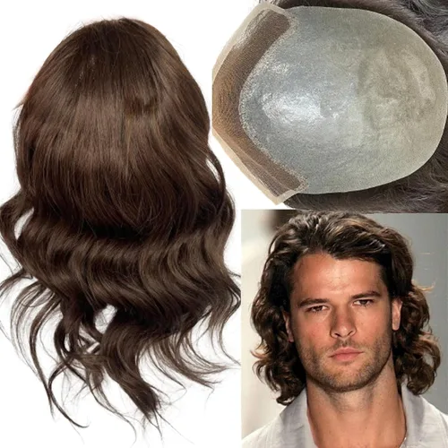 Voloria Sistema de reemplazo de cabello tipo tupé de 12 pulgadas de largo para hombre, encaje suizo frontal, línea capilar natural, pelo de piel