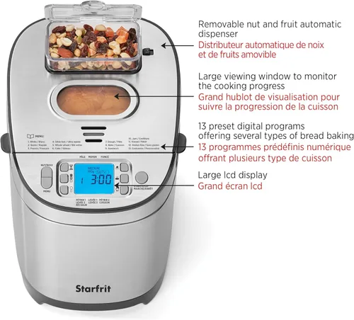 Miniatura 2 de Starfrit Máquina eléctrica para hacer pan, mocasines de 2 libras, sartén extraíble antiadherente, dispensador automático de tuercas, 13 programas