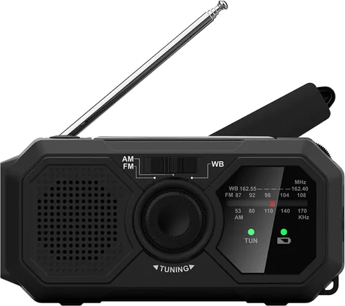 Kaito V5 Radio de emergencia – Panel solar y manivela – Linterna LED – Radio meteorológica Voyager Mini NOAA – Radio AM/FM Batería recargable (negro)