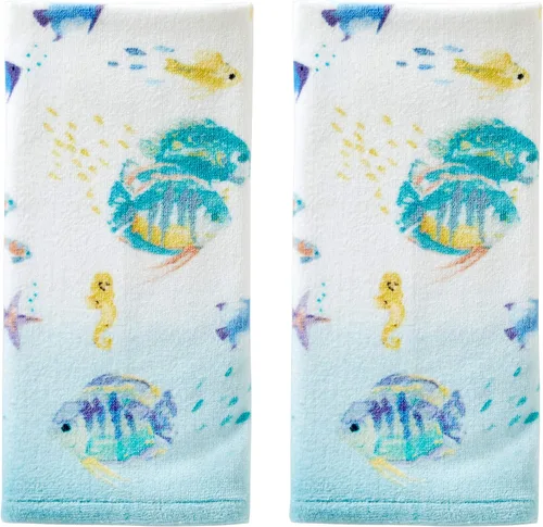 Miniatura 8 de SKL Home Ocean Coral - Juego de 2 toallas de mano esculpidas de 100% algodón premium, 450 GSM, jacquard reversible, suave y absorbente, tropical