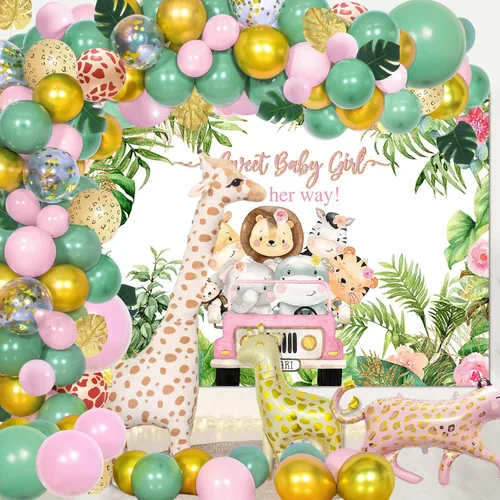 Miniatura 3 de Avezano Telón de fondo rosa para baby shower de safari para niñas, animales de la selva, decoración de baby shower, hojas tropicales, suministros