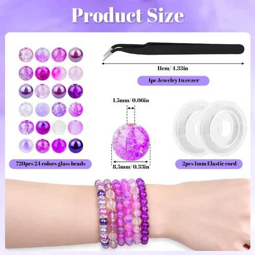Miniatura 5 de PAXCOO 720 piezas Cuentas de vidrio para hacer joyas 8mm, kit de fabricación de pulseras con cuentas redondas sueltas de 24 colores en púrpura
