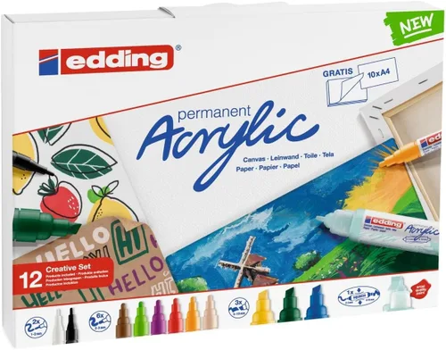 Miniatura 2 de edding Creative Set - Bolígrafos acrílicos, impermeables, finos, medianos, punta ancha con almohadilla de arte, juego de 12 marcadores de pintura