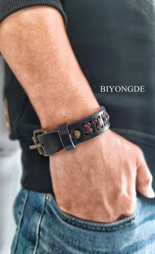 Miniatura 3 de Pulsera de cuero para hombre entrelazada con cuero negro, cierre de hebilla, estilo fresco