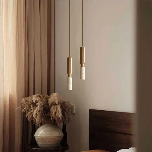 Miniatura 2 de Industrial Gold Iron Hanging Lamp Simple Long Tube Pendant Lights Japanese Wabi-Sabi 3000K Warm Light Yellow Travertine Chandelier for Living Room