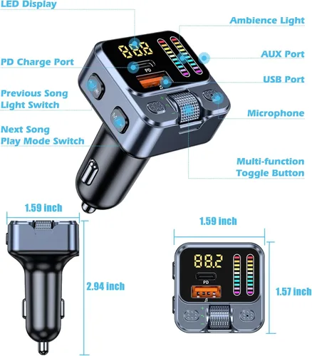 Miniatura 8 de Adaptador Bluetooth 5.3 para automóvil con transmisor FM y carga rápida PD de 42 W, receptor de música inalámbrico AUX/USB, llamadas manos libres