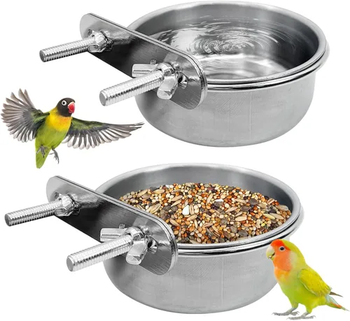 PINVNBY 2 piezas cuencos de acero inoxidable para pájaros, cuencos para agua y alimentos con soporte de abrazadera, comedero de pájaros, tazones