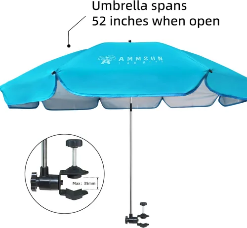 Miniatura 5 de AMMSUN Paraguas XL con abrazadera universal ajustable de 47 pulgadas y giratorio de 360 grados UPF 50+, abrazadera portátil para silla de camping