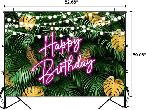 Miniatura 8 de Sensfun Fondo de fotos de hojas de palma tropicales hawaianas con texto en inglés "Happy Birthday" Aloha Luau Rosa Neón Cumpleaños Hojas Verdes