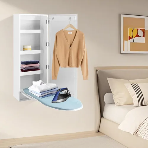 Miniatura 8 de Armario de tabla de planchar de pared giratoria de 180° con armario de almacenamiento y espejos, gabinete de planchado colgante de diseño plegable