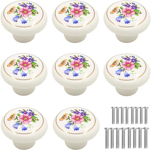 Pomos de Cajón de Cerámica Antigua, [Paquete de 8] Pomos y Tiradores Redondos Vintage de Flores para Gabinete, Pomos para Muebles de Cocina para