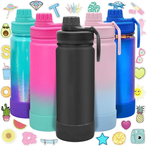 Miniatura 37 de CHILLOUT LIFE Botella de agua aislada para niños de 12 onzas para la escuela con tapa de boquilla a prueba de fugas y bonitas calcomanías Azul