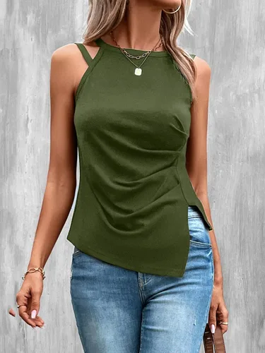 Miniatura 5 de WDIRARA Top halter sin mangas con dobladillo asimétrico y fruncido para mujer