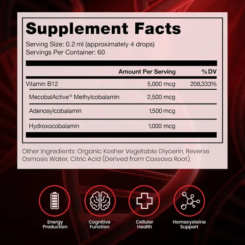 Miniatura 2 de Pure TheraPro BioActive Vegan Metilada Vitamina B12 Sublingual Líquida Metilcobalamina, Hidrocobalamina y Adenosilcobalamina 1,000 mcg por gota