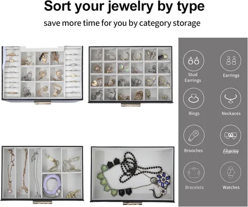 Miniatura 3 de Joyero grande para mujer, organizador de joyas de 4 capas con ganchos para collares, caja de joyería blanca para aretes, collares y pulseras