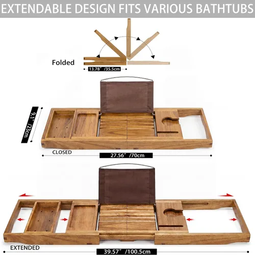 Miniatura 3 de Bandeja de bañera de madera de acacia, bandeja de baño plegable para bañera, bandejas de mesa de baño expandibles, accesorios de bañera y baño