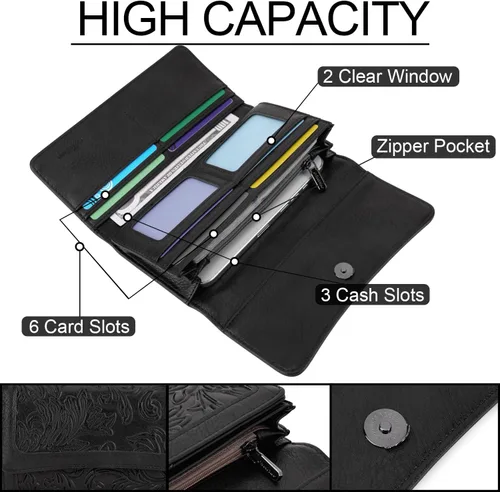 Miniatura 36 de MEITRUE Cartera de cuero para mujer, con bloqueo RFID, triple pliegue, con relieve, soporte para tarjetas, organizador de chequera para teléfono