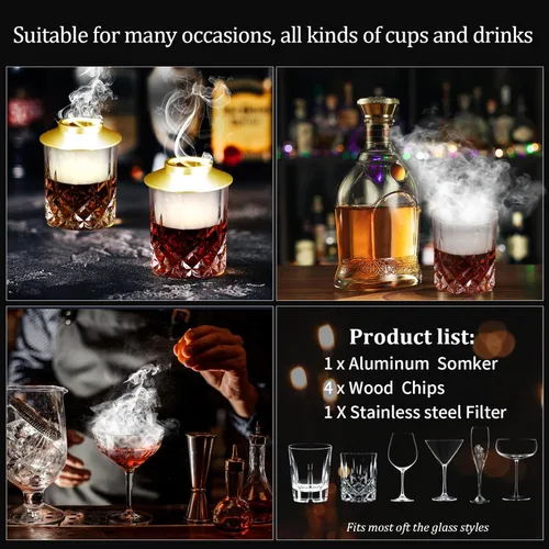 Miniatura 2 de AOKE - Kit de ahumador de whisky metálico dorado con chips de madera de 4 sabores para whisky y bourbon, kit de ahumador antiguo para mejorar