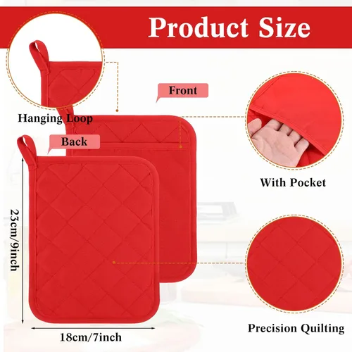 Miniatura 4 de Hoolerry 20 Piezas Agarraderas para Ollas con Bolsillo Sublimación 7x9'' Algodón Agarraderas para Ollas de Horno a Granel con Lazos Colgantes Rojo