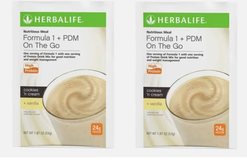 Herbalife Fórmula 1 + PDM On The Go: 0.85 oz de proteína 7 paquetes por caja (galletas y crema + vainilla), proteína para energía y nutrición,