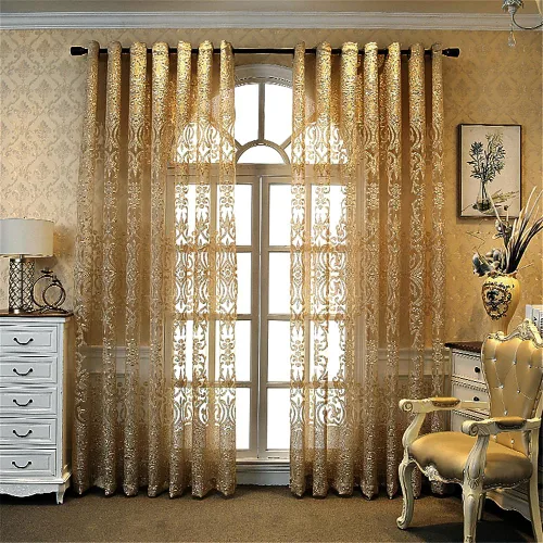 Miniatura 3 de Gxi Paneles de cortinas transparentes de jacquard marrón con ojales, 2 paneles para sala de estar, puerta corredera, cortina de gasa de tul europeo