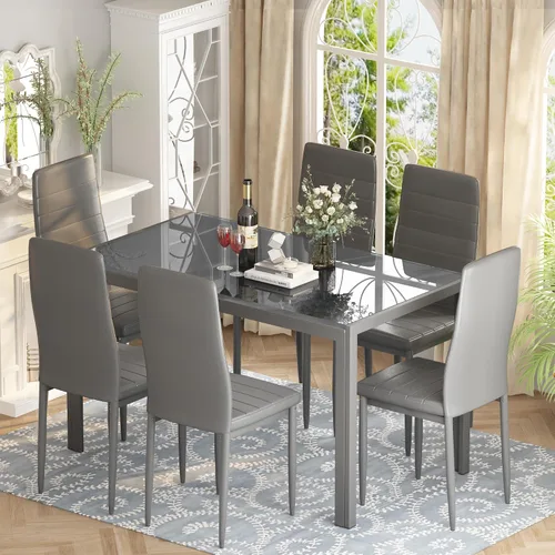 Miniatura 7 de Recaceik Juego de mesa de comedor de 7 piezas para 6, mesa de cocina de vidrio templado y sillas de cuero PU, juego de mesa de comedor moderno
