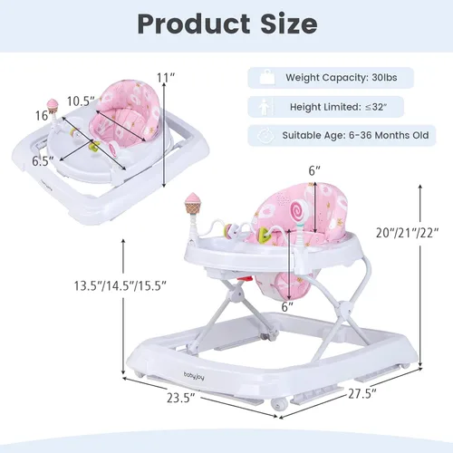 Miniatura 5 de BABY JOY Andador de bebé plegable, andador de actividades con altura ajustable, bandeja grande y juguetes removibles, andador de bebé con ruedas Azul