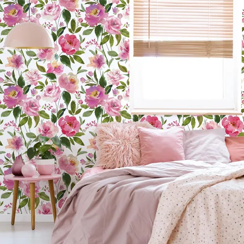 Miniatura 4 de VEELIKE Papel tapiz floral de peonías rosas para despegar y pegar, 17.7 x 354 pulgadas, papel de pared de peonías vintage, autoadhesivo, extraíble