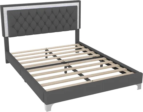 Miniatura 7 de Merax Cama de plataforma tapizada, tamaño Queen, tela de terciopelo LED, marco de cama de madera con luces LED y cabecera copetuda para dormitorio