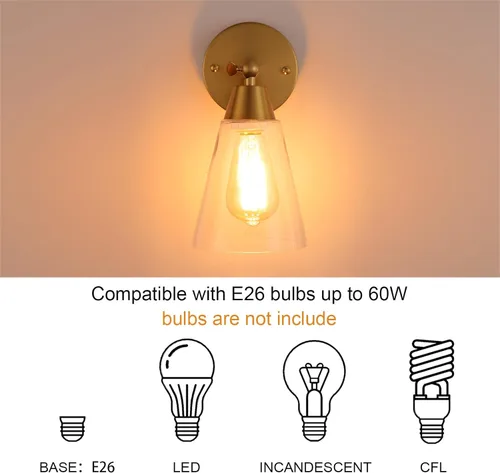Miniatura 6 de MWZ Juego de 2 apliques de pared dorados, modernos apliques de latón cepillado con pantalla de vidrio transparente, accesorios de iluminación