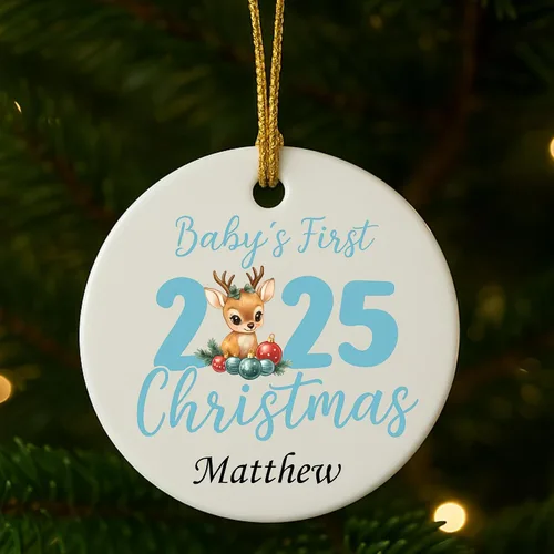 Miniatura 3 de Adorno personalizado para la primera Navidad del bebé 2025, recuerdo redondo de cerámica con nombre personalizado, decoración de árbol de Navidad
