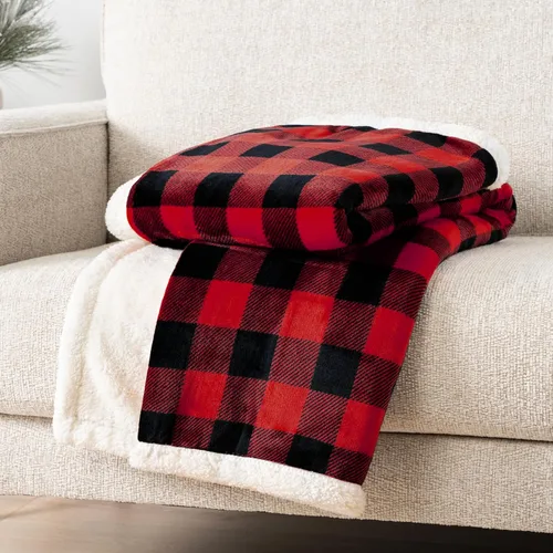 Miniatura 4 de PAVILIA Manta Sherpa a cuadros Buffalo negros y rojos para sofá individual, manta de franela suave y esponjosa para cama, manta de forro polar a