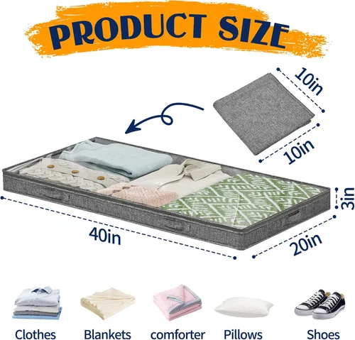 Miniatura 2 de Contenedores de almacenamiento de perfil bajo de 3 pulgadas, sin estructura, organizador de almacenamiento plegable debajo de la cama con tapa
