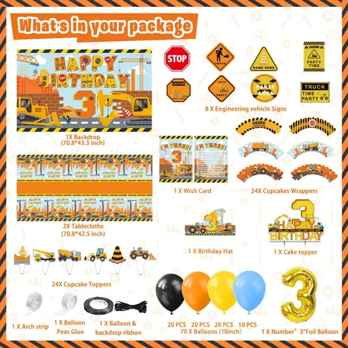 Miniatura 2 de Suministros de fiesta de cumpleaños de construcción para niños de 3 años, 139 piezas de decoraciones de fiesta de camión volquete para niños