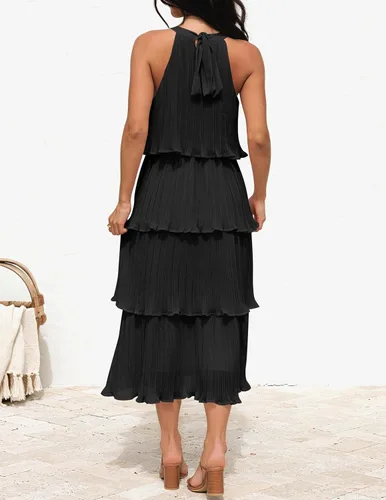 Miniatura 4 de Zesica Vestido de verano sin mangas, con cuello halter y volantes escalonados, de gasa, con vuelo, largo por debajo de la rodilla