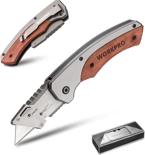 WORKPRO - Cuchillo utilitario plegable, cortador de caja de cambio rápido con cabezal de acero inoxidable y bloqueo de alineación, mango de madera,