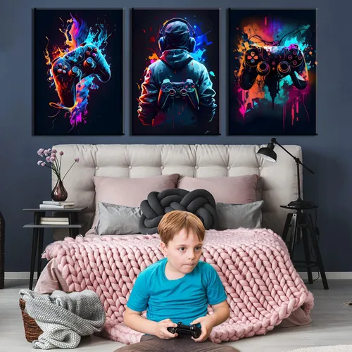 Miniatura 6 de 3 piezas de arte de pared de videojuegos geniales retro acuarela pósters cuadros coloridos neón gamepad lienzo pintura impresiones para habitación
